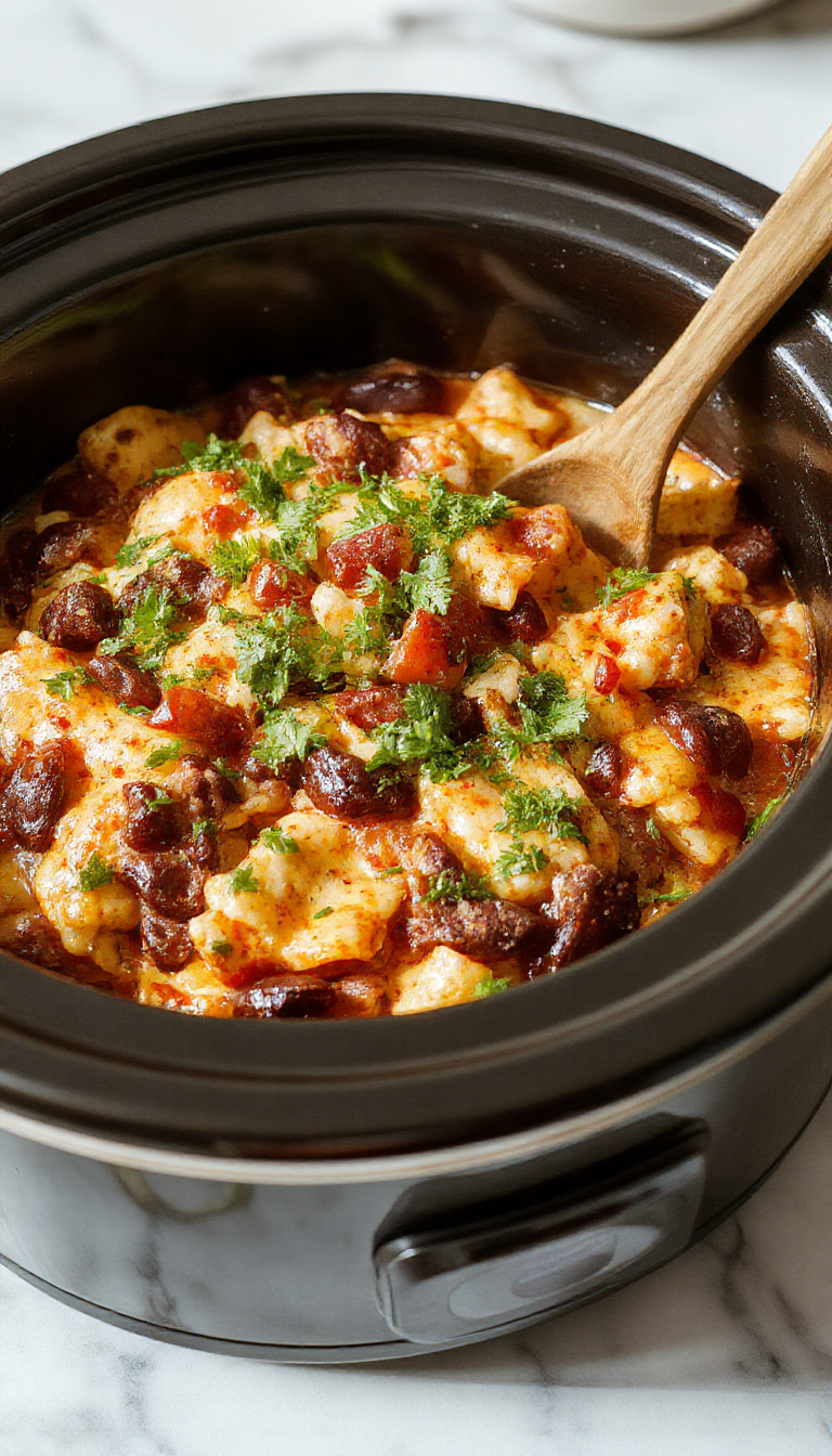 A colorful crockpot taco casserole displayed in a round ceramic dish with layers of seasoned beef, melted cheese, sliced tomatoes, lettuce, and a dollop of sour cream on top. Fresh cilantro sprigs garnish the dish, set against a rustic wooden table with a side of corn chips.