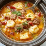 A steaming bowl of cheesy tortellini soup garnished with fresh herbs, surrounded by ingredients like sausage, spinach, and colorful vegetables on a rustic wooden table. The soup features plump tortellini, melted cheese, and a rich broth with visible herbs and spices, creating an inviting scene that emphasizes warmth and comfort.