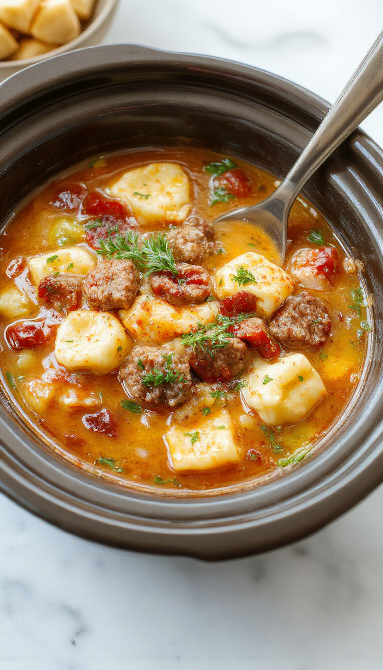 A steaming bowl of cheesy tortellini soup garnished with fresh herbs, surrounded by ingredients like sausage, spinach, and colorful vegetables on a rustic wooden table. The soup features plump tortellini, melted cheese, and a rich broth with visible herbs and spices, creating an inviting scene that emphasizes warmth and comfort.