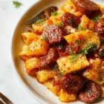 A vibrant plate of golden roasted squash slices topped with sliced sausage and fresh herbs, surrounded by colorful autumn leaves and garnished with a sprinkle of cheese, presented on a rustic wooden table.