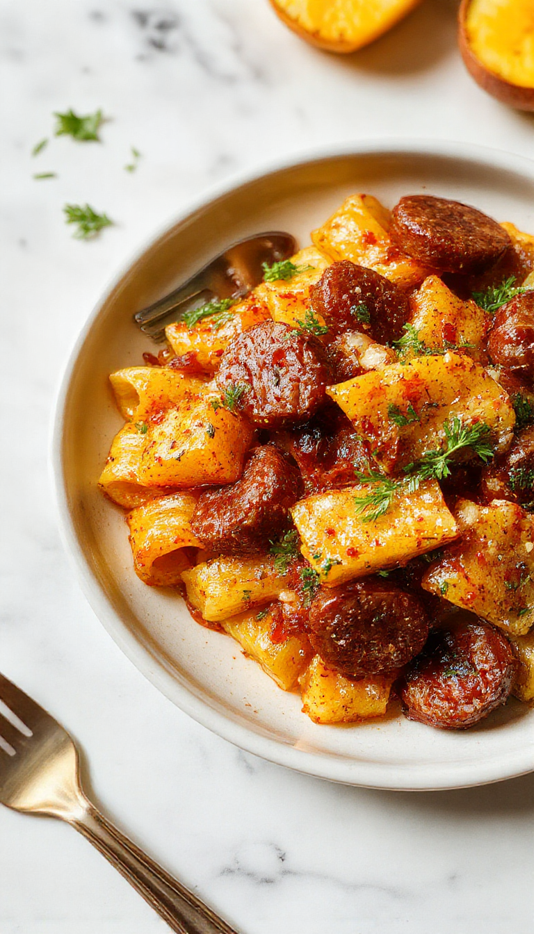 A vibrant plate of golden roasted squash slices topped with sliced sausage and fresh herbs, surrounded by colorful autumn leaves and garnished with a sprinkle of cheese, presented on a rustic wooden table.