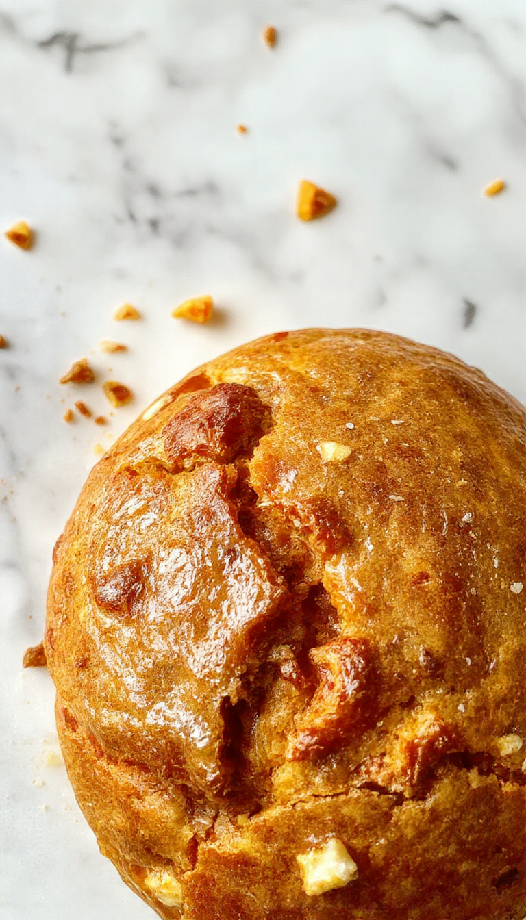 A golden-brown loaf of pumpkin sourdough bread with a rustic, slightly cracked crust, sliced to reveal its moist, orange-tinted crumb speckled with bits of pumpkin. The bread rests on a wooden cutting board, garnished with a few small pumpkin pieces and a sprig of fresh herbs on the side. The background features a cozy kitchen scene with warm lighting that highlights the bread's inviting texture and vibrant color.