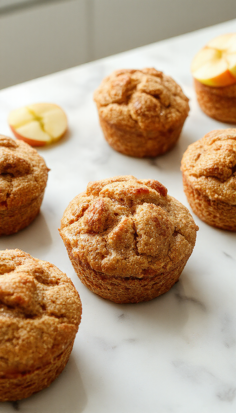 A close-up of a golden-brown apple cinnamon Greek yogurt muffin with a slightly cracked top, sprinkled with cinnamon and small apple pieces visible. The muffin is on a rustic wooden platter alongside fresh green apple slices and a cinnamon stick, with a blurred background of a cozy kitchen setting.