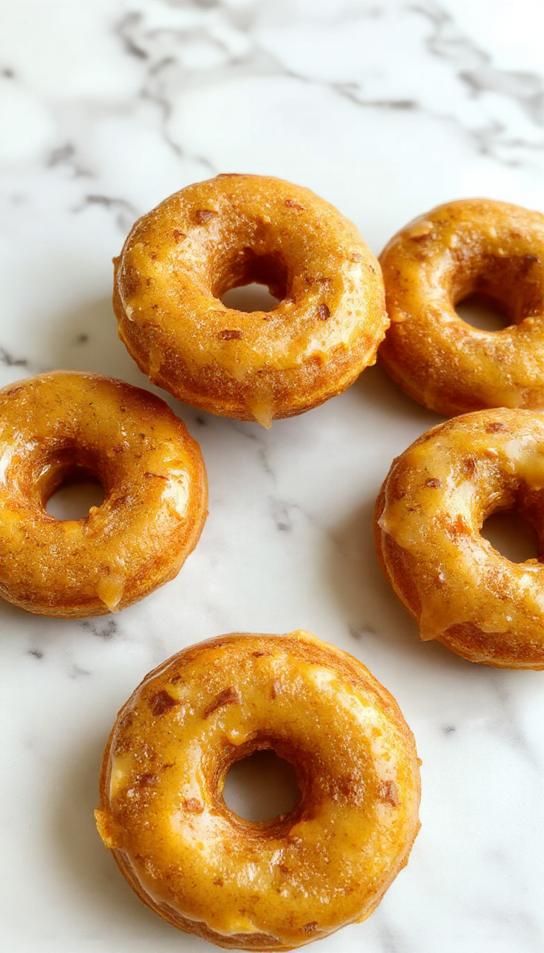 A close-up shot of a freshly baked pumpkin donut with a golden-brown exterior, topped with a light dusting of powdered sugar and rising on a rustic white plate. The donut's texture appears soft and moist, with bits of pumpkin and a hint of cinnamon visible in the crumb. The background features a seasonal autumn theme with subtle hints of pumpkin spice and fall foliage, evoking warmth and comfort.