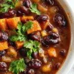 A steaming bowl of black bean and sweet potato soup garnished with fresh cilantro and a dollop of sour cream. The vibrant orange and dark black beans create a colorful, inviting presentation. The soup is served in a rustic white bowl on a wooden table, with a spoon resting beside it, showcasing its hearty texture and chunky ingredients.