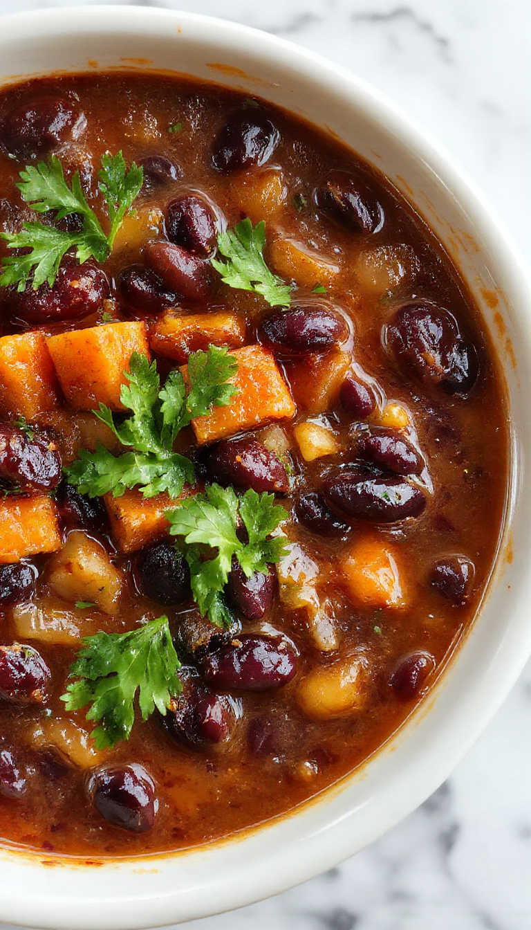 A steaming bowl of black bean and sweet potato soup garnished with fresh cilantro and a dollop of sour cream. The vibrant orange and dark black beans create a colorful, inviting presentation. The soup is served in a rustic white bowl on a wooden table, with a spoon resting beside it, showcasing its hearty texture and chunky ingredients.