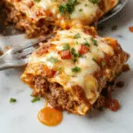 A close-up of three cheesy ground beef enchiladas arranged on a white plate, topped with melted cheese and garnished with chopped cilantro. The enchiladas are golden-brown, showcasing crispy edges and gooey cheese stretching with each slice. A side of vibrant green salsa and a sprig of fresh cilantro complement the dish, set against a rustic wooden table with a hint of Mexican-style decor in the background.