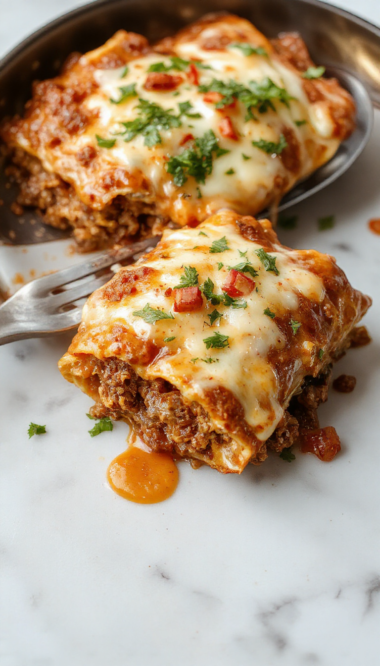 A close-up of three cheesy ground beef enchiladas arranged on a white plate, topped with melted cheese and garnished with chopped cilantro. The enchiladas are golden-brown, showcasing crispy edges and gooey cheese stretching with each slice. A side of vibrant green salsa and a sprig of fresh cilantro complement the dish, set against a rustic wooden table with a hint of Mexican-style decor in the background.