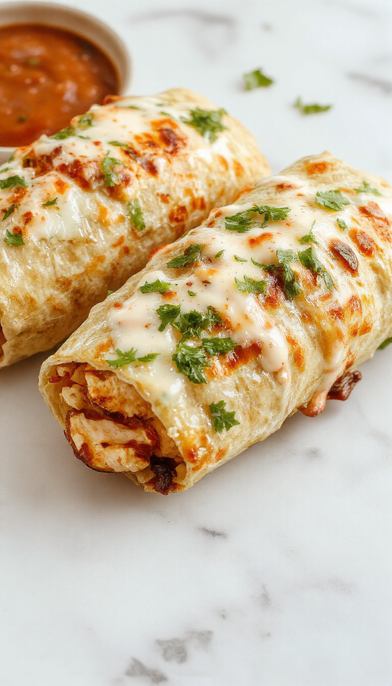 A close-up of a burrito cut in half, revealing grilled chicken, creamy ranch dressing, chipotle peppers, lettuce, and shredded cheese inside a toasted flour tortilla. The burrito is plated on a rustic wooden surface, with fresh cilantro and sliced lime garnish nearby. The vibrant colors of the ingredients contrast beautifully, emphasizing the textures of the crispy tortilla and juicy fillings.