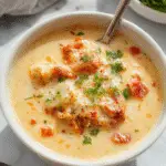 A steaming bowl of creamy lasagna soup garnished with fresh basil leaves, melted cheese, and visible layers of noodles, tomato broth, and ricotta cheese, presented on a rustic wooden table with a spoon resting beside it.