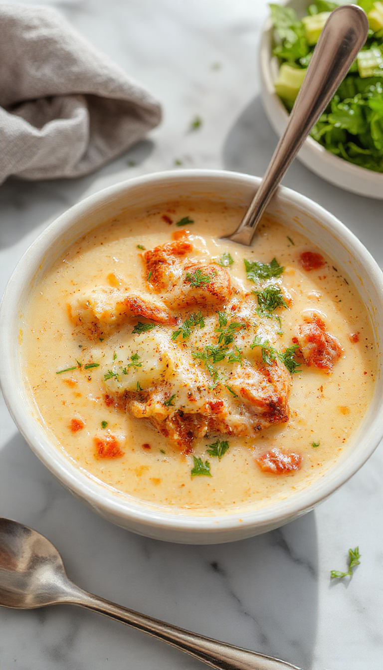 A steaming bowl of creamy lasagna soup garnished with fresh basil leaves, melted cheese, and visible layers of noodles, tomato broth, and ricotta cheese, presented on a rustic wooden table with a spoon resting beside it.