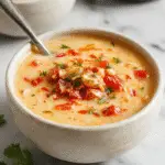 A steaming bowl of creamy taco soup garnished with shredded cheese, chopped cilantro, and a dollop of sour cream. The soup has a rich, smooth texture with visible chunks of ground beef, corn, and beans, served in a rustic bowl on a wooden table with a side of crispy flatbread that is golden and slightly charred.
