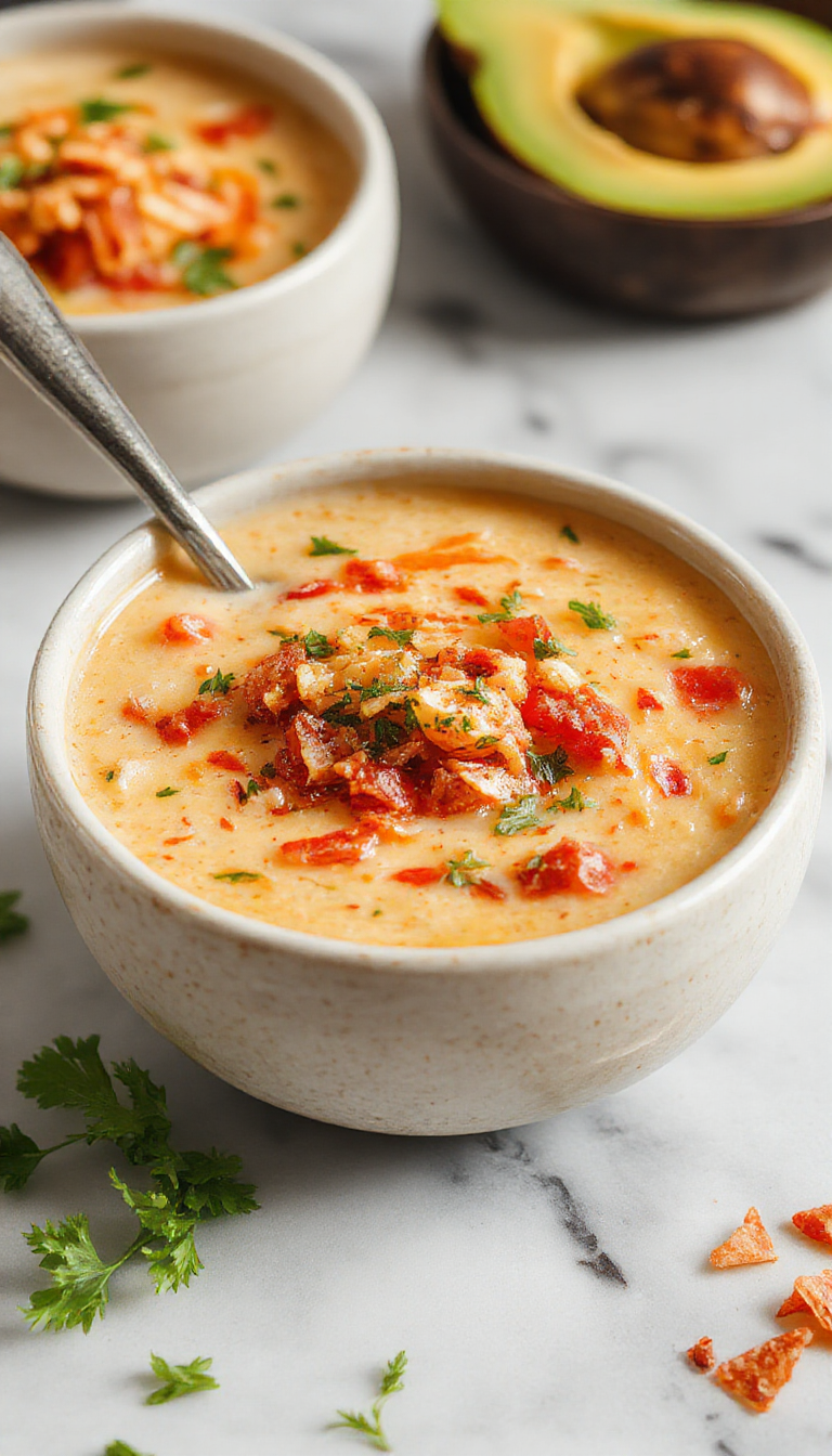 A steaming bowl of creamy taco soup garnished with shredded cheese, chopped cilantro, and a dollop of sour cream. The soup has a rich, smooth texture with visible chunks of ground beef, corn, and beans, served in a rustic bowl on a wooden table with a side of crispy flatbread that is golden and slightly charred.