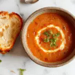 A vibrant bowl of creamy tomato soup garnished with fresh basil leaves, drizzled with cream, served in a rustic white bowl on a wooden table. Surrounding the bowl are ripe tomatoes, garlic, and basil leaves, with a spoon resting beside the bowl highlighting the smooth texture of the soup.