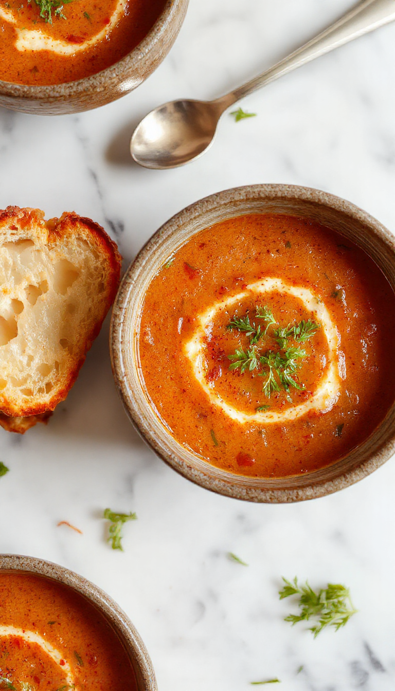 A vibrant bowl of creamy tomato soup garnished with fresh basil leaves, drizzled with cream, served in a rustic white bowl on a wooden table. Surrounding the bowl are ripe tomatoes, garlic, and basil leaves, with a spoon resting beside the bowl highlighting the smooth texture of the soup.