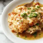 A rustic white bowl filled with tender shredded chicken covered in rich, creamy gravy, surrounded by sprigs of fresh herbs on a dark wooden surface, with steam rising from the dish.
