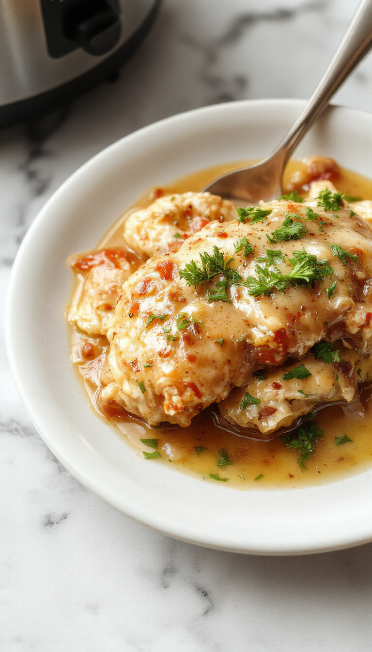 A rustic white bowl filled with tender shredded chicken covered in rich, creamy gravy, surrounded by sprigs of fresh herbs on a dark wooden surface, with steam rising from the dish.