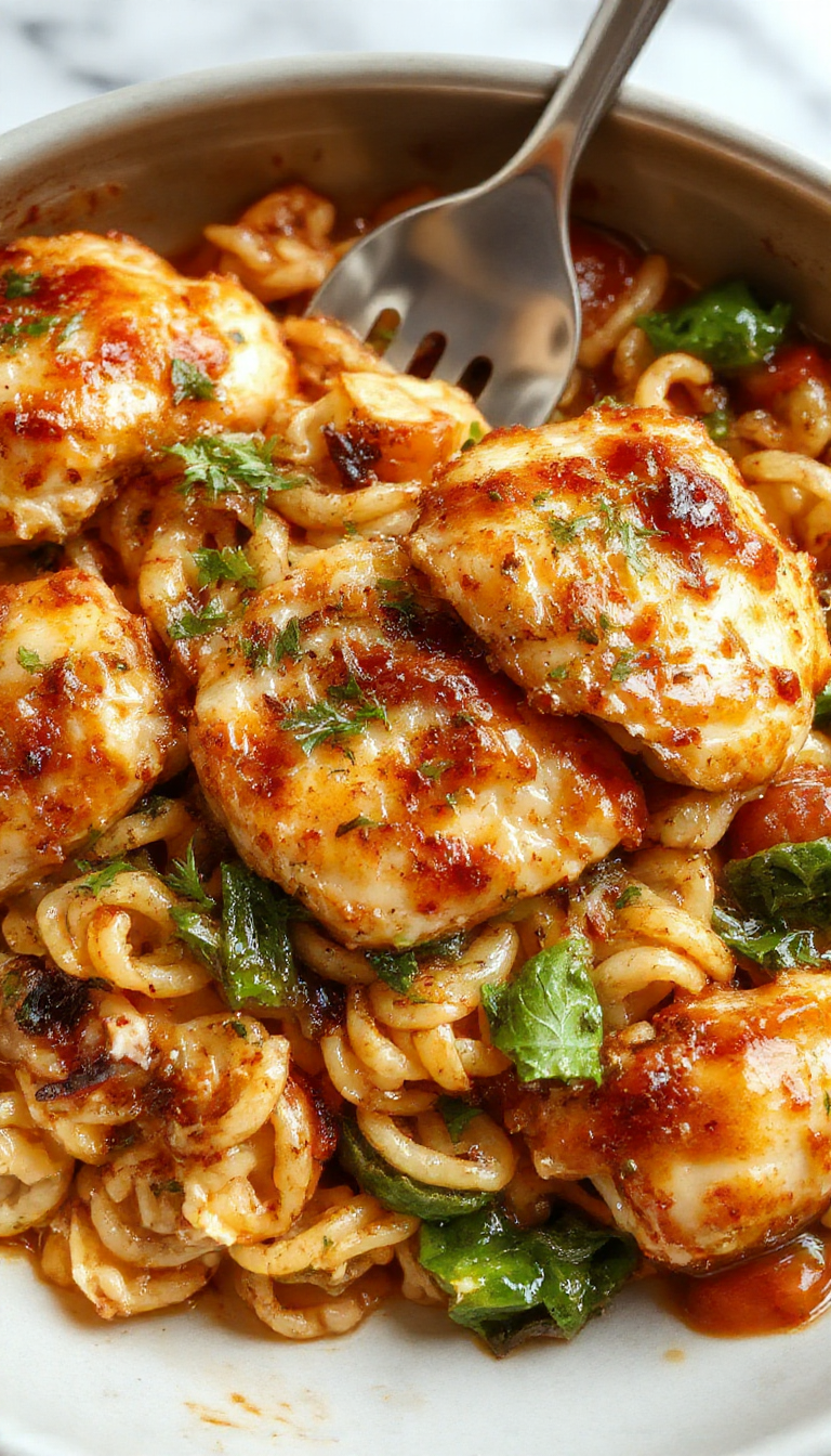 A vibrant plate featuring tender balsamic glazed chicken served atop a bed of orzo pasta mixed with colorful roasted vegetables, garnished with fresh herbs. The dish is presented on a rustic ceramic plate with a drizzle of balsamic reduction around the edges, highlighting the rich glaze and the textures of the vegetables and chicken. The background shows a warm, inviting kitchen setting with soft natural lighting emphasizing the appetizing colors and inviting presentation.
