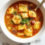 A steaming bowl of ravioli soup with plump cheese ravioli floating in a vibrant tomato broth, garnished with fresh spinach and bubbly melted cheese on top, with a rustic spoon resting on the side and a sprig of basil for garnish.