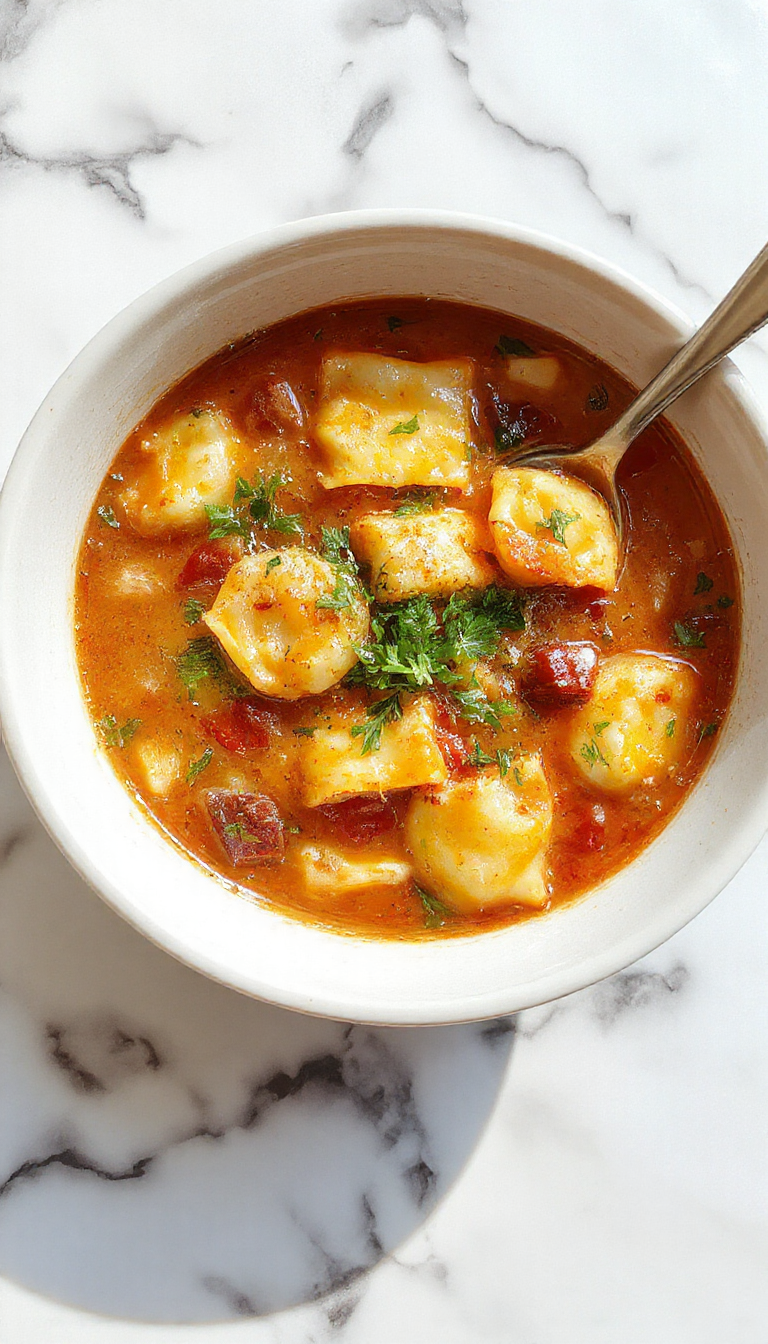 A steaming bowl of ravioli soup with plump cheese ravioli floating in a vibrant tomato broth, garnished with fresh spinach and bubbly melted cheese on top, with a rustic spoon resting on the side and a sprig of basil for garnish.