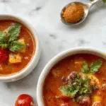 A vibrant bowl of roasted tomato soup, garnished with fresh basil leaves and a drizzle of olive oil. The soup has a smooth, velvety texture with roasted tomato bits visible, served in a rustic white bowl on a wooden table with a side of crusty bread and scattered grape tomatoes around.