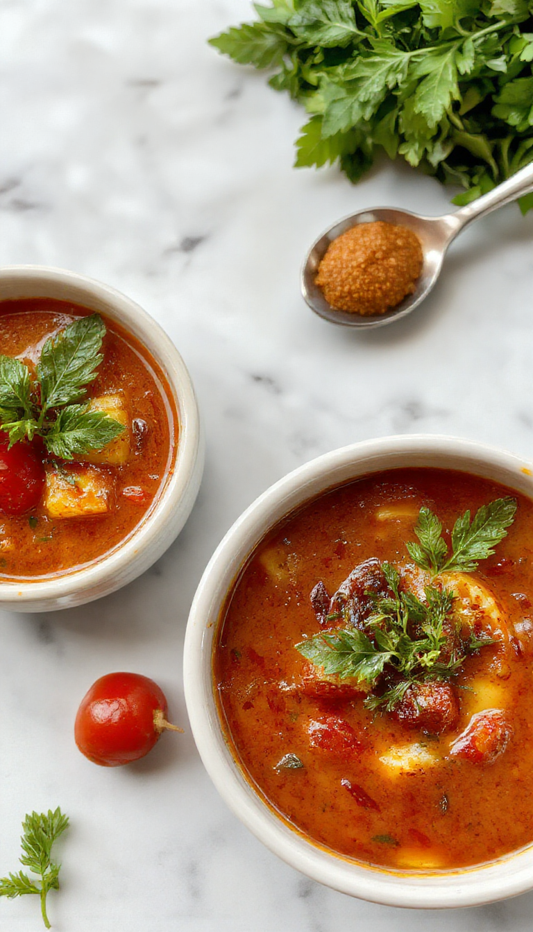 A vibrant bowl of roasted tomato soup, garnished with fresh basil leaves and a drizzle of olive oil. The soup has a smooth, velvety texture with roasted tomato bits visible, served in a rustic white bowl on a wooden table with a side of crusty bread and scattered grape tomatoes around.