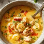 A steaming bowl of chicken and gnocchi soup with fluffy gnocchi, tender shredded chicken, and vibrant vegetables like spinach and carrots in a creamy broth, garnished with chopped herbs. The bowl rests on a rustic wooden table, with a slice of crusty bread and a spoon beside it, evoking warmth and comfort.