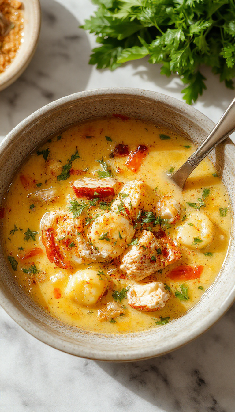 A steaming bowl of chicken and gnocchi soup with fluffy gnocchi, tender shredded chicken, and vibrant vegetables like spinach and carrots in a creamy broth, garnished with chopped herbs. The bowl rests on a rustic wooden table, with a slice of crusty bread and a spoon beside it, evoking warmth and comfort.