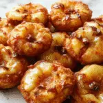 Golden-brown baked apple fritters arranged on a rustic white plate, sprinkled with powdered sugar, with slices of fresh apple and cinnamon sticks in the background. The texture shows a crispy exterior and tender apple chunks inside, accented by a drizzle of caramel sauce.
