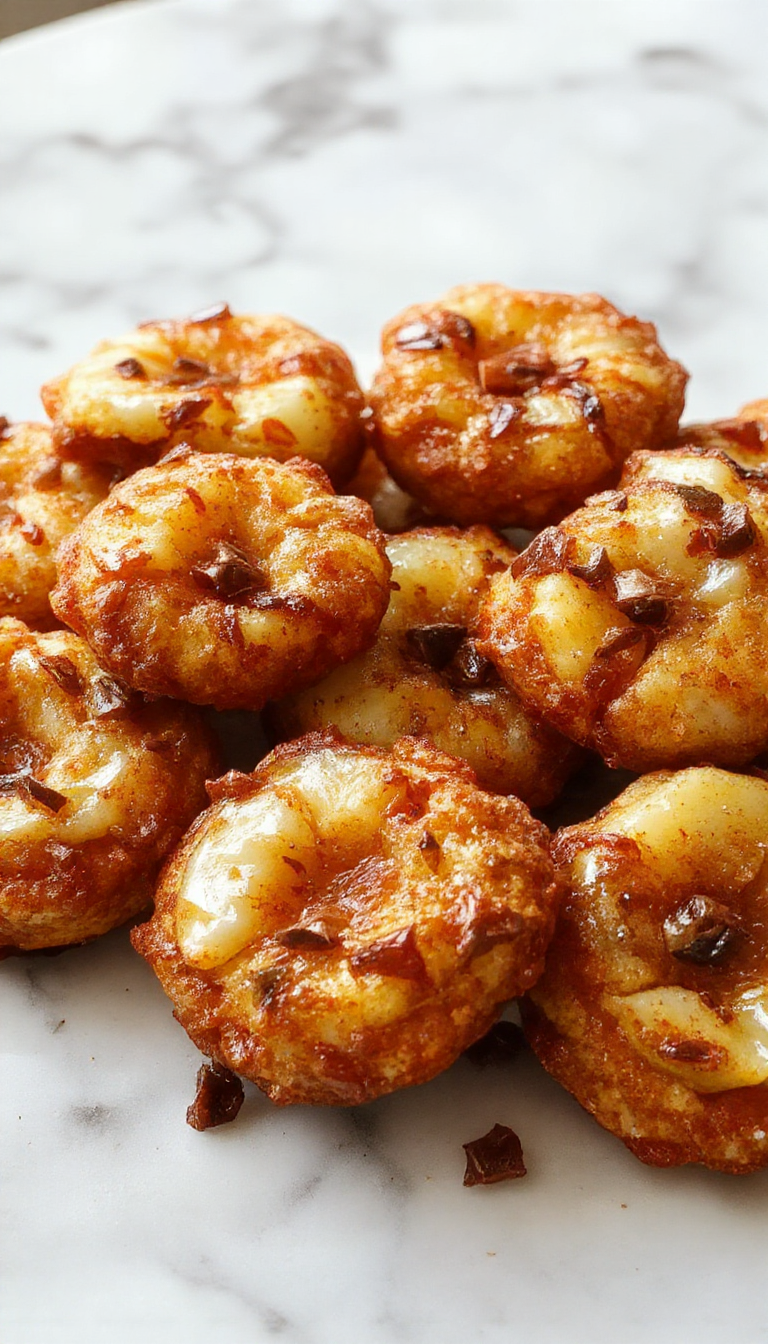 Golden-brown baked apple fritters arranged on a rustic white plate, sprinkled with powdered sugar, with slices of fresh apple and cinnamon sticks in the background. The texture shows a crispy exterior and tender apple chunks inside, accented by a drizzle of caramel sauce.