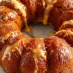 A golden-brown pumpkin bundt cake with a glossy glaze drizzle sits on a white plate, garnished with toasted walnuts and a sprinkle of cinnamon. The cake's intricate pattern from the bundt pan displays well, with a moist interior visible through a small cut. The background features fall-themed decorations, enhancing the seasonal presentation.