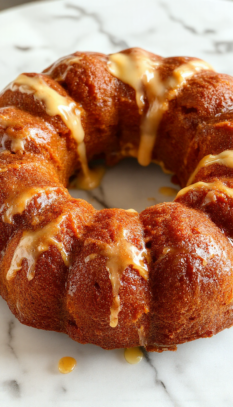 A golden-brown pumpkin bundt cake with a glossy glaze drizzle sits on a white plate, garnished with toasted walnuts and a sprinkle of cinnamon. The cake's intricate pattern from the bundt pan displays well, with a moist interior visible through a small cut. The background features fall-themed decorations, enhancing the seasonal presentation.