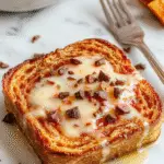 A close-up of a golden-brown pumpkin French toast slice topped with a dusting of powdered sugar and a drizzle of maple syrup, garnished with a sprig of fresh thyme and a small bowl of whipped cream on a rustic wooden plate, with autumn-themed decorations in the blurred background.