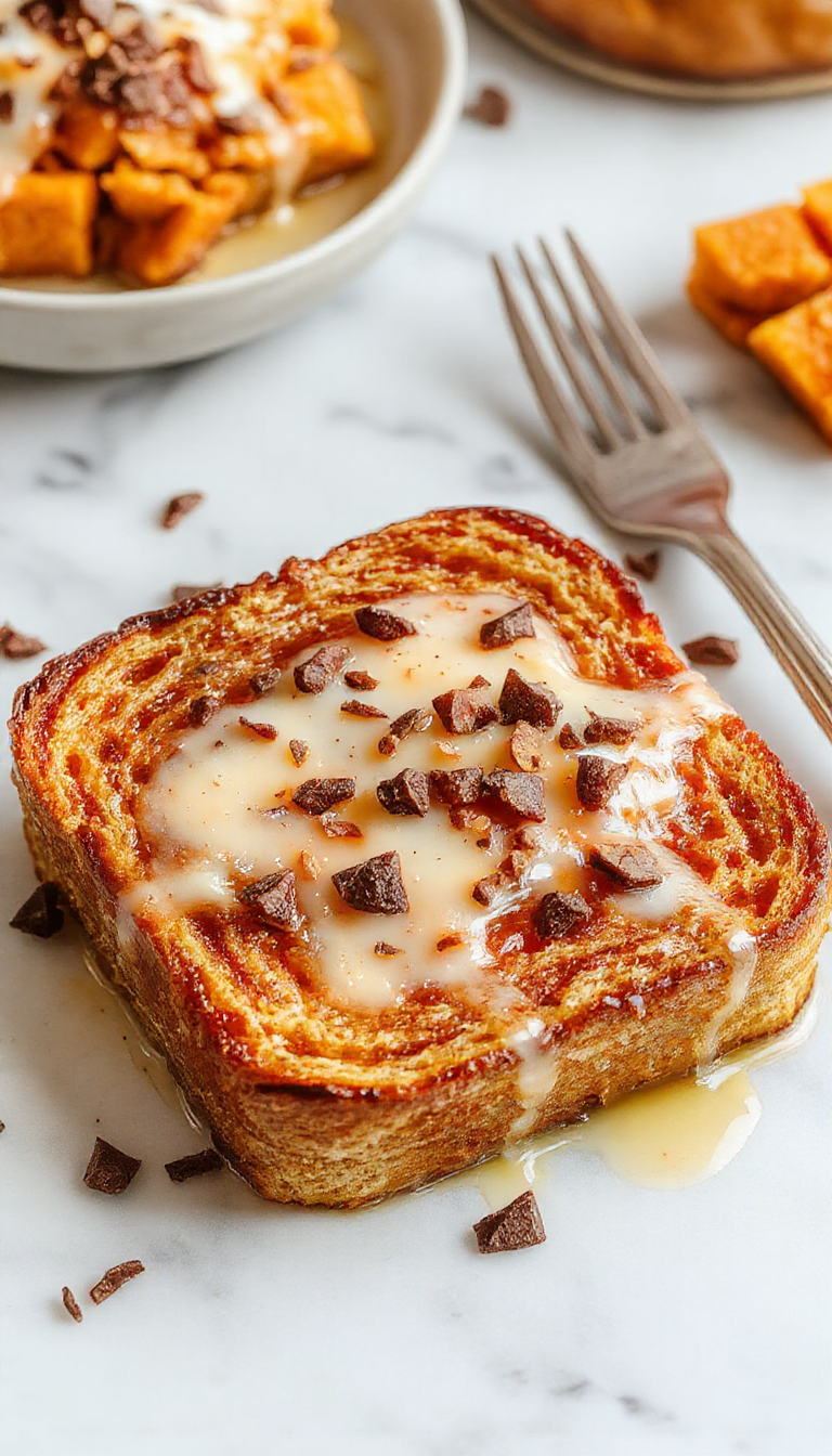 A close-up of a golden-brown pumpkin French toast slice topped with a dusting of powdered sugar and a drizzle of maple syrup, garnished with a sprig of fresh thyme and a small bowl of whipped cream on a rustic wooden plate, with autumn-themed decorations in the blurred background.