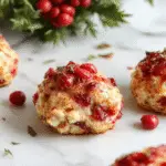 A close-up of golden-brown stuffing balls arranged on a rustic platter, garnished with sprigs of fresh herbs and surrounded by vibrant cranberries and sliced turkey. The stuffing balls have a crispy exterior with visible bits of herbs and cranberries, contrasting with the juicy inside. The presentation is elegant yet inviting, perfect for a festive holiday feast.