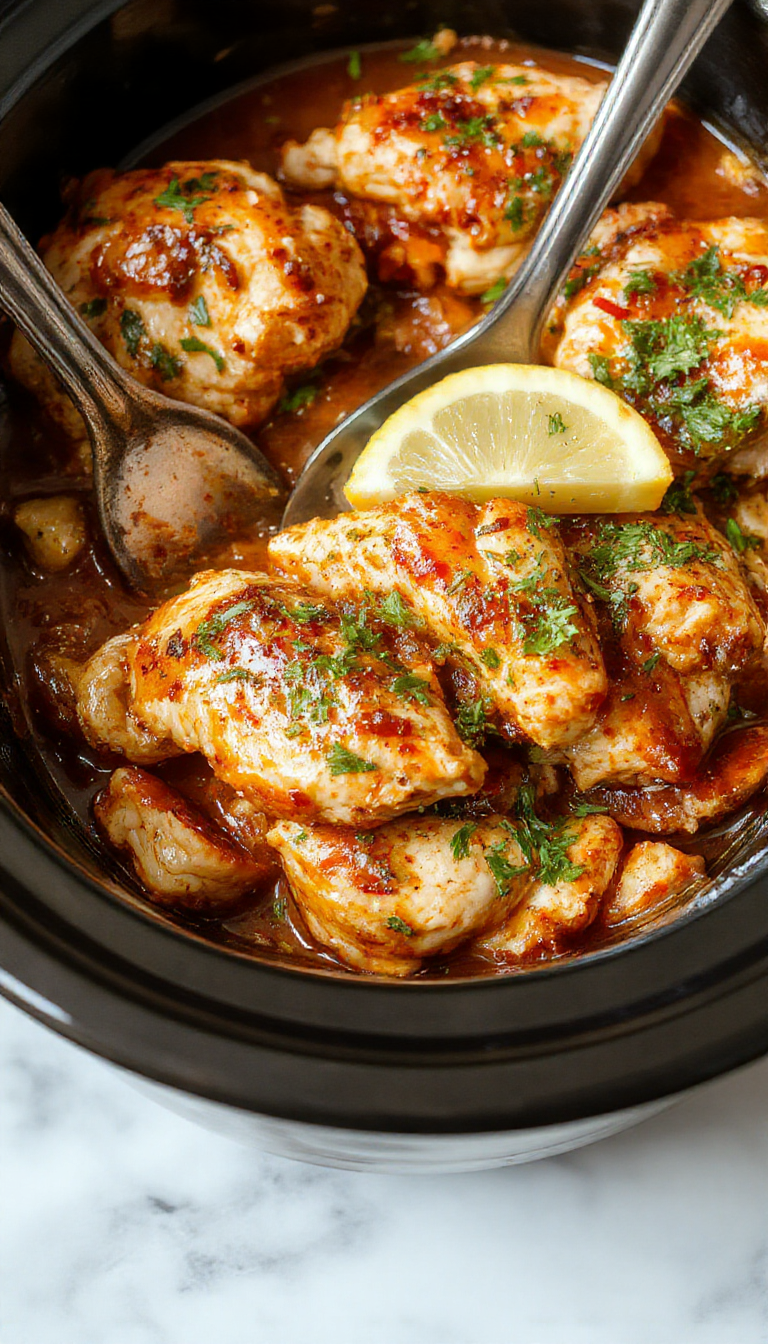 A colorful crockpot dish featuring shredded chicken mixed with vibrant red and green bell peppers, corn, and melted cheese, garnished with fresh cilantro and lime wedges, all presented in a rustic serving bowl with a backdrop of Mexican-themed decor.