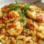 A tempting casserole dish featuring golden-brown melted cheese bubbling over tender shredded chicken, caramelized onions, and creamy orzo pasta, topped with fresh herbs and served in a rustic baking dish.