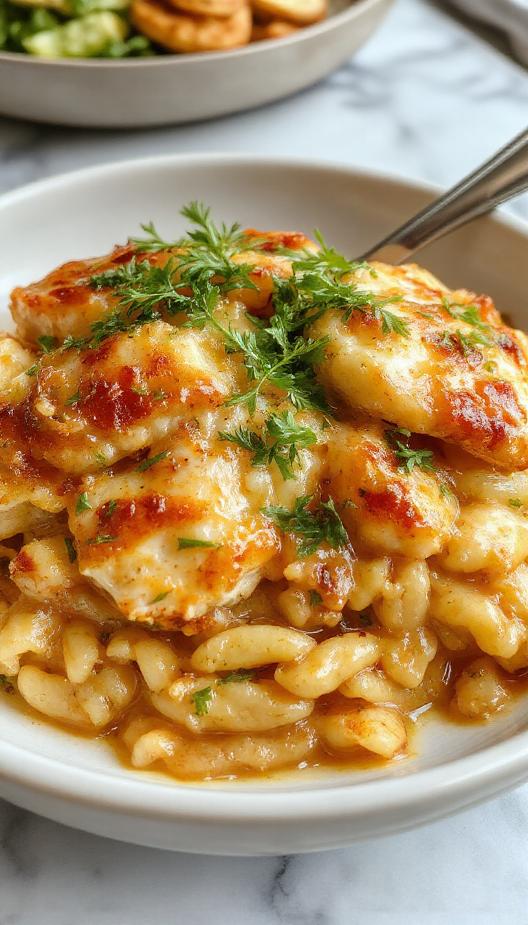 A tempting casserole dish featuring golden-brown melted cheese bubbling over tender shredded chicken, caramelized onions, and creamy orzo pasta, topped with fresh herbs and served in a rustic baking dish.