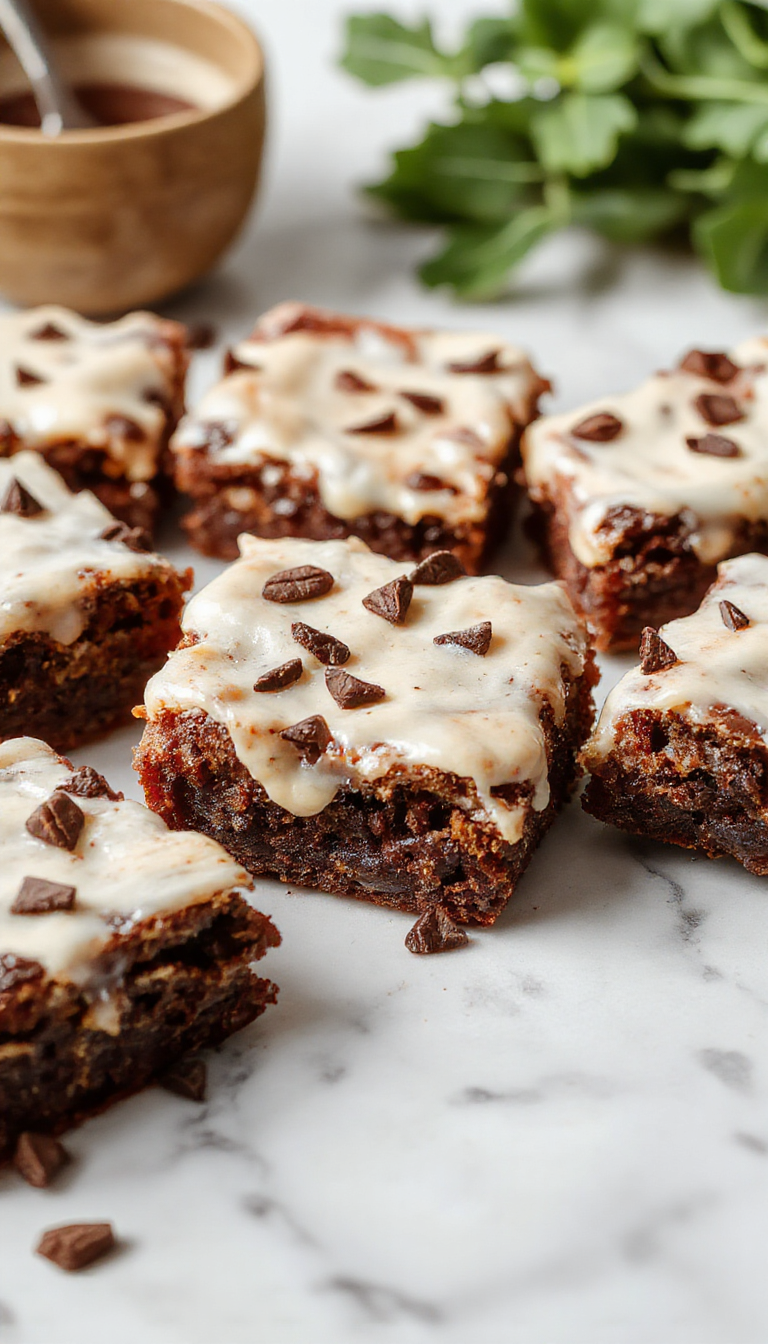 A close-up of a rectangular brownie topped with a smooth, glossy layer of frosted coffee glaze. The brownie is rich brown with a slightly cracked surface, and the coffee frosting adds a shiny, caramel-colored sheen. The presentation showcases the contrast between the dark brownie and the lighter coffee topping, with crumbs and a few decorative coffee beans nearby for added visual interest.