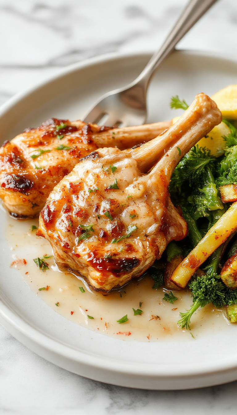 Golden-brown pan-seared pork chops with a slightly crispy crust, garnished with fresh herbs, served on a white plate with a drizzle of garlic butter sauce, surrounded by a scattering of minced garlic and parsley.