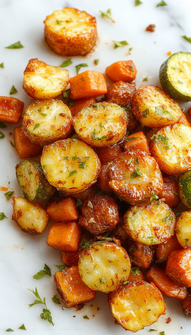 A vibrant close-up of a rustic baking sheet filled with golden roasted potatoes, bright orange carrots, and tender green zucchini chunks, all garnished with fresh herbs and crispy edges, arranged in an inviting, colorful presentation.