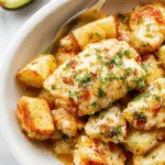 A hearty crockpot meal featuring a golden-brown roasted chicken surrounded by tender, roasted potatoes coated with garlic and Parmesan cheese, garnished with fresh herbs. The dish is served in a rustic-style ceramic crockpot with the chicken and potatoes steaming, showing crispy edges and flavorful seasoning.