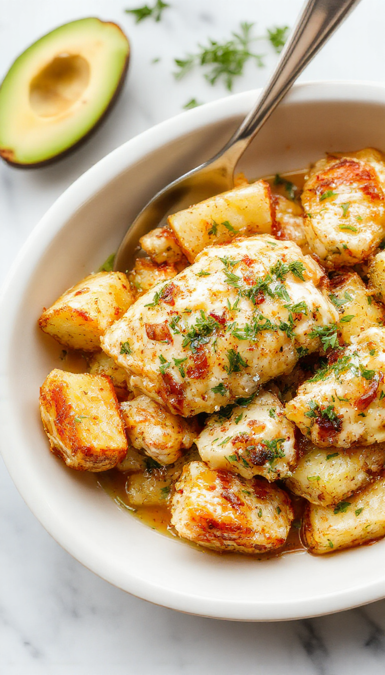 A hearty crockpot meal featuring a golden-brown roasted chicken surrounded by tender, roasted potatoes coated with garlic and Parmesan cheese, garnished with fresh herbs. The dish is served in a rustic-style ceramic crockpot with the chicken and potatoes steaming, showing crispy edges and flavorful seasoning.