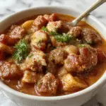 A steaming bowl of creamy German Goulash featuring tender chunks of beef immersed in a rich, red-brown sauce topped with a sprig of fresh parsley. The dish is served in a rustic white ceramic bowl, accompanied by slices of crusty bread on a wooden table, with a background of Oktoberfest-themed decorations and warm ambient lighting.