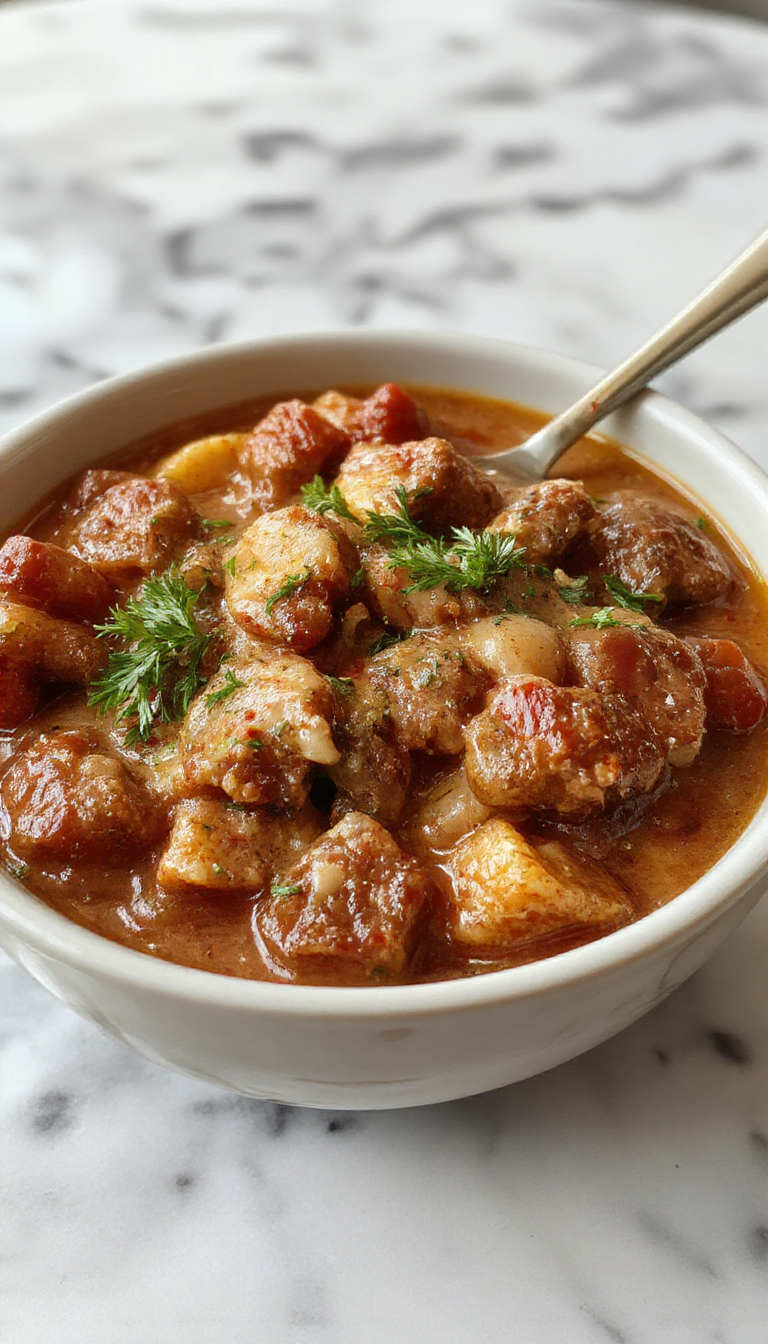 A steaming bowl of creamy German Goulash featuring tender chunks of beef immersed in a rich, red-brown sauce topped with a sprig of fresh parsley. The dish is served in a rustic white ceramic bowl, accompanied by slices of crusty bread on a wooden table, with a background of Oktoberfest-themed decorations and warm ambient lighting.