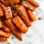 A close-up of glossy, caramel-colored honey glazed carrots arranged on a rustic white plate. The carrots are sliced lengthwise, coated with a shiny glaze, with a few sprigs of fresh thyme garnish. The background features a soft, warm table setting with festive holiday accents and a drizzle of honey visible on some of the carrots, emphasizing their sweet, sticky coating.