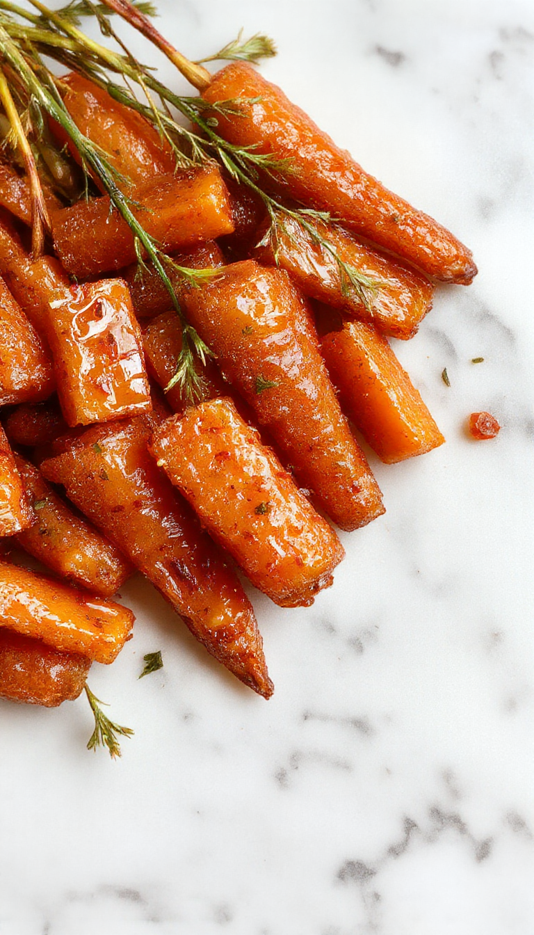 A close-up of glossy, caramel-colored honey glazed carrots arranged on a rustic white plate. The carrots are sliced lengthwise, coated with a shiny glaze, with a few sprigs of fresh thyme garnish. The background features a soft, warm table setting with festive holiday accents and a drizzle of honey visible on some of the carrots, emphasizing their sweet, sticky coating.