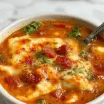 A bowl of hearty gluten free lasagna soup filled with ground meat, pasta, and melted cheese, topped with fresh basil leaves. The vibrant ingredients contrast with the rustic, creamy broth, presented on a wooden table with a spoon resting beside it.