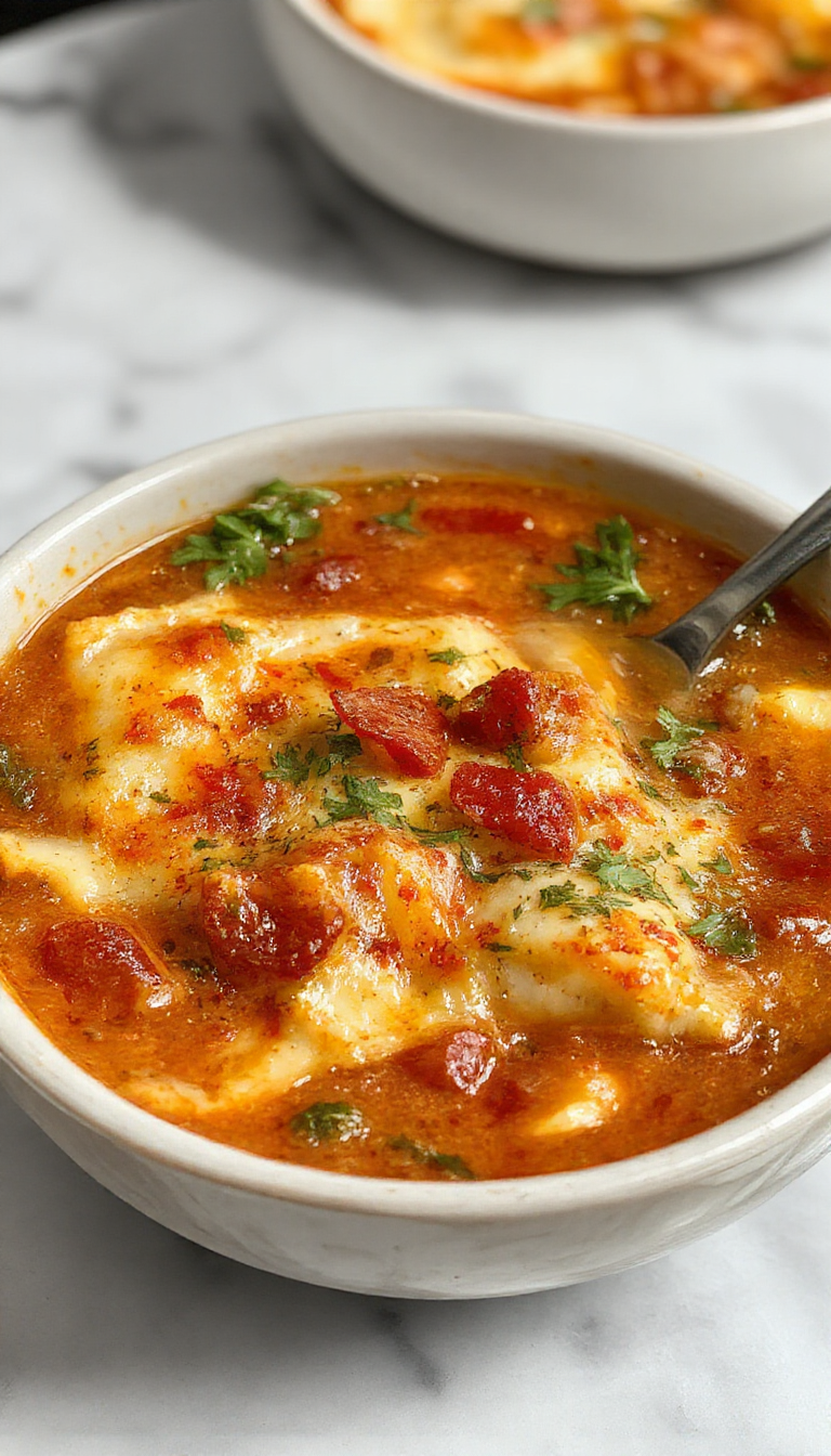 A bowl of hearty gluten free lasagna soup filled with ground meat, pasta, and melted cheese, topped with fresh basil leaves. The vibrant ingredients contrast with the rustic, creamy broth, presented on a wooden table with a spoon resting beside it.