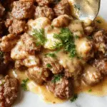 A creamy ground beef stroganoff served in a rustic white bowl, topped with a sprinkle of fresh parsley. The dish features tender ground beef and silky mushroom sauce over egg noodles, accented by a side of crusty bread and a small salad in the background. The presentation highlights a comforting, hearty dinner with warm, inviting colors.